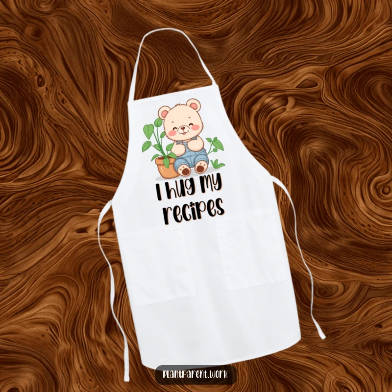 Funny bear cub gardener apron, a happy bear cub in overalls cuddling a large potted plant, kitchen and garden wear.