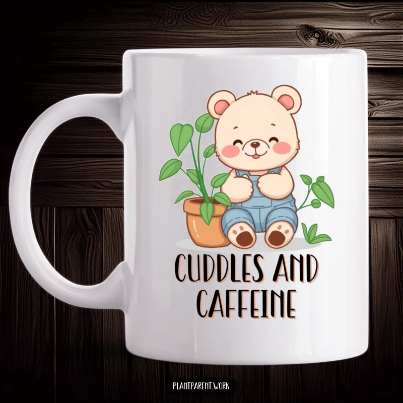 Funny bear cub gardener mug, a happy bear cub in overalls cuddling a large potted plant, cute and huggable.