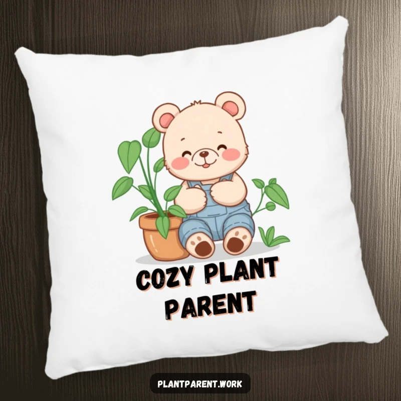 Funny bear cub gardener pillow, a happy bear cub in overalls cuddling a large potted plant, soft and humorous.