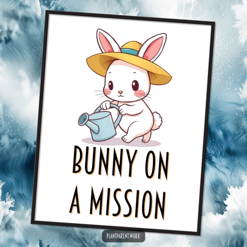 Funny bunny gardener digital art print, a determined bunny in a straw hat pushing a watering can, instant download.