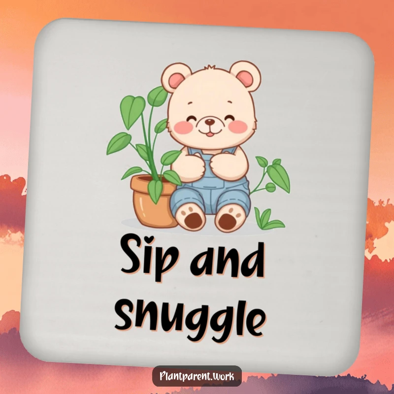 Funny bear cub gardener coaster, a happy bear cub in overalls cuddling a large potted plant, protects surfaces.