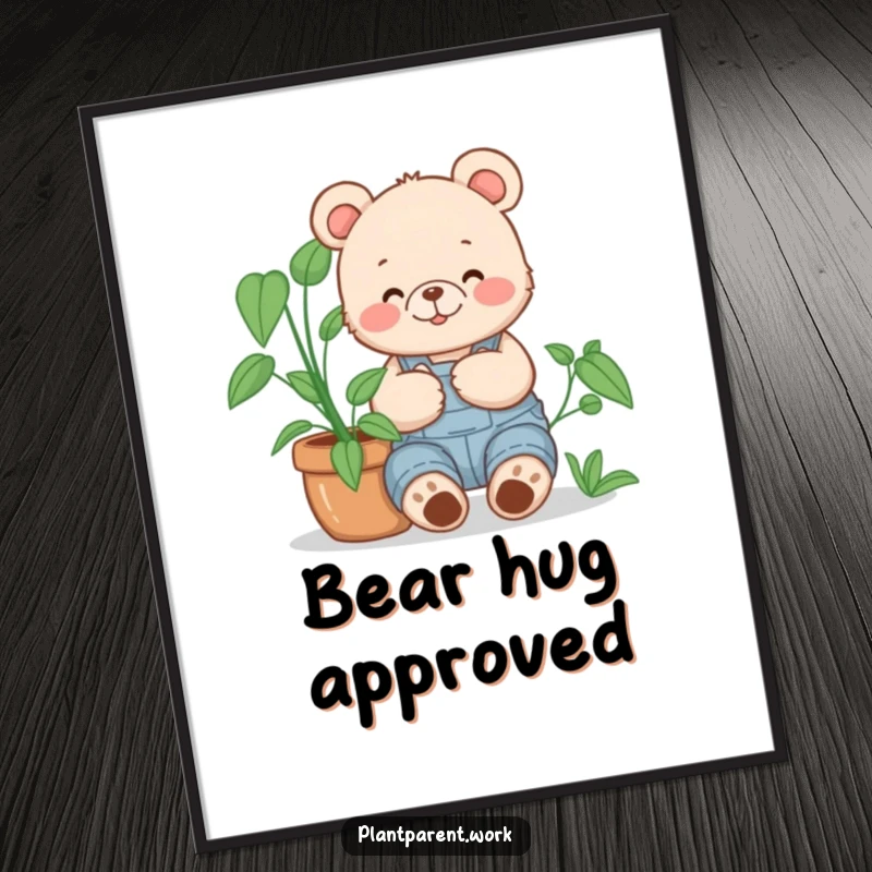 Funny bear cub gardener poster, a happy bear cub in overalls cuddling a large potted plant, cute wall art.