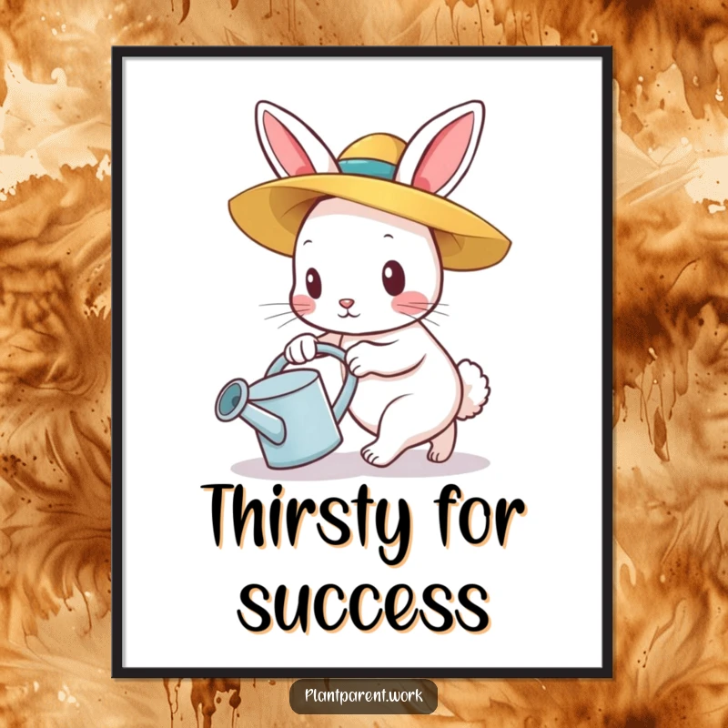 Funny bunny gardener poster, a determined bunny in a straw hat pushing a watering can, whimsical wall art.