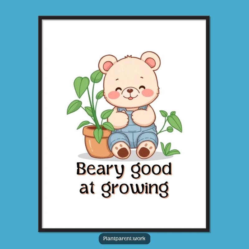 Free Printable Wall Art: Funny Bear Cub Hugging Plant, Charming Downloadable Art for Home!