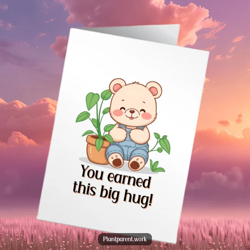 Funny Free Printable Congrats Card: Happy bear cub in overalls cuddling a large potted plant, symbolizing growth and care.