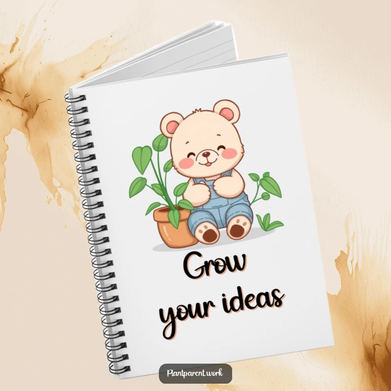 Funny bear cub gardener notebook, a happy bear cub in overalls cuddling a large potted plant, for journaling.