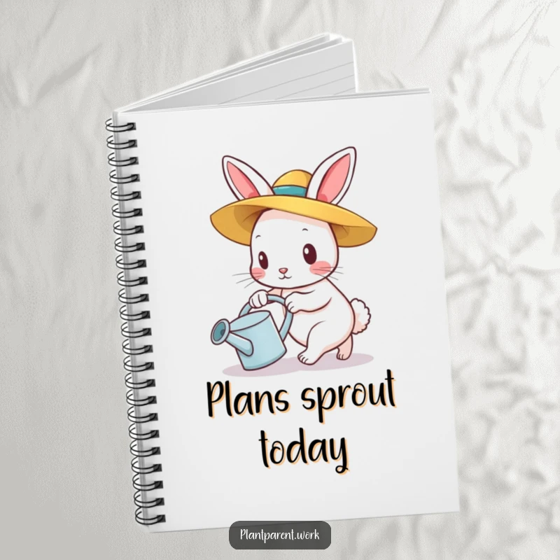 Funny bunny gardener notebook, a determined bunny in a straw hat pushing a watering can, for planning.