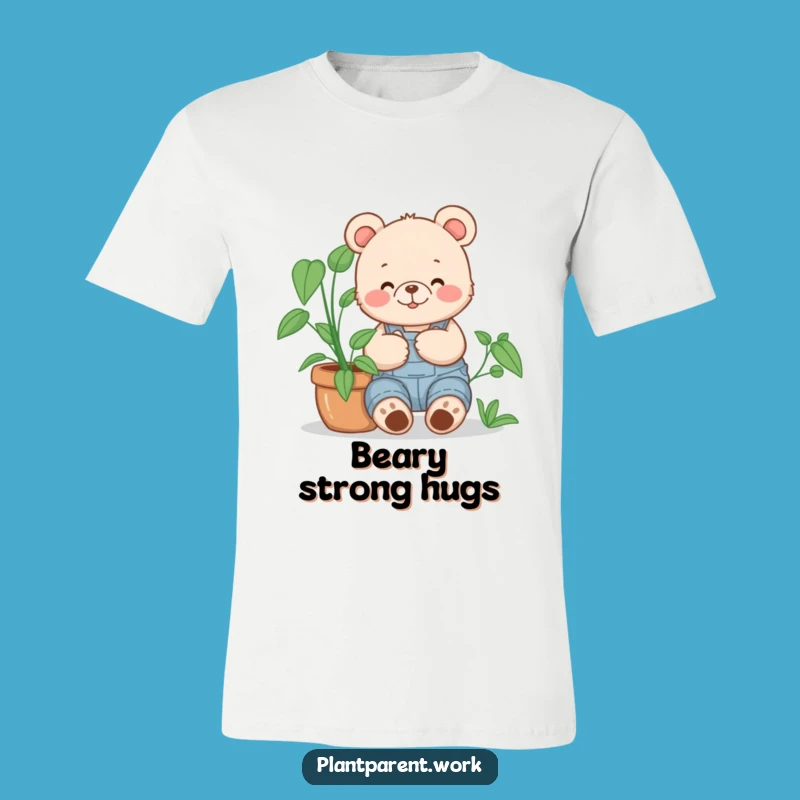 Funny Bear Cub Gardener T-Shirt: Overalls Hugging Plant, Ideal Funny Gift