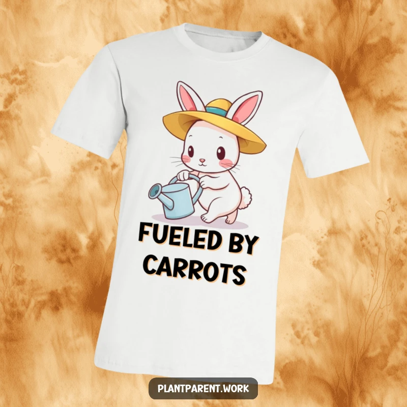 Funny bunny gardener t-shirt, a determined bunny in a straw hat pushing a watering can, gardening apparel.