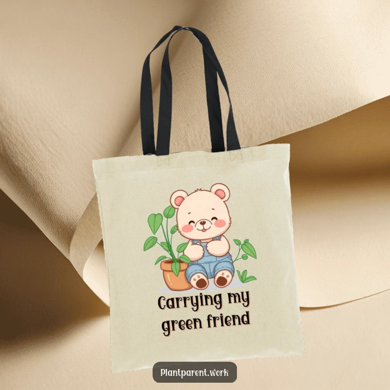 Funny bear cub gardener tote bag, a happy bear cub in overalls cuddling a large potted plant, durable and cute.