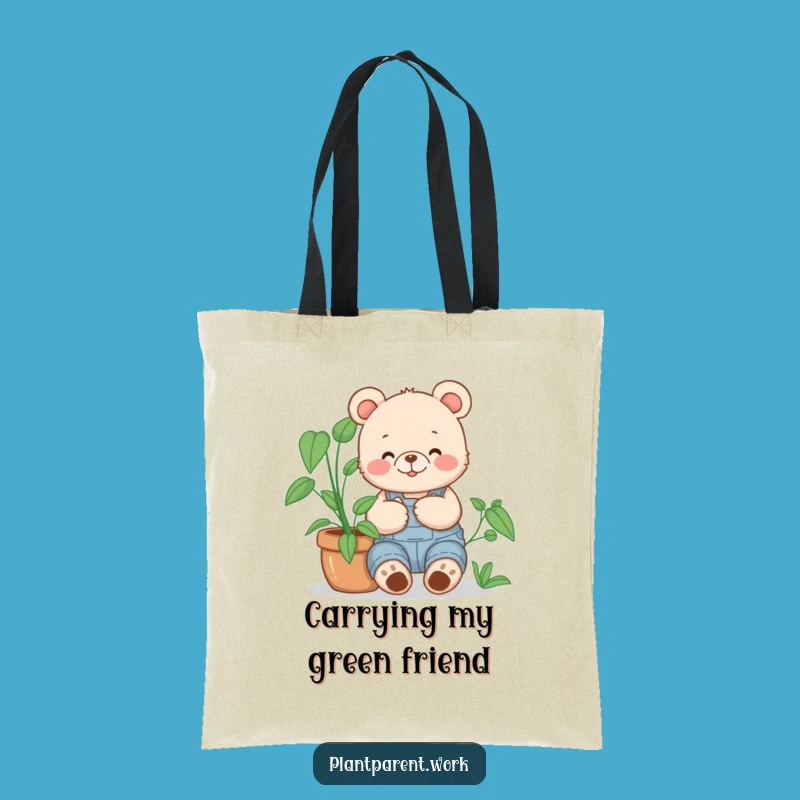 Funny Bear Cub Gardener Tote Bag: Overalls Hugging Plant, Practical Funny Gift