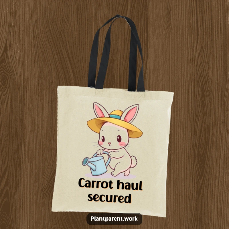 Funny bunny gardener tote bag, a determined bunny in a straw hat pushing a watering can, durable and stylish.